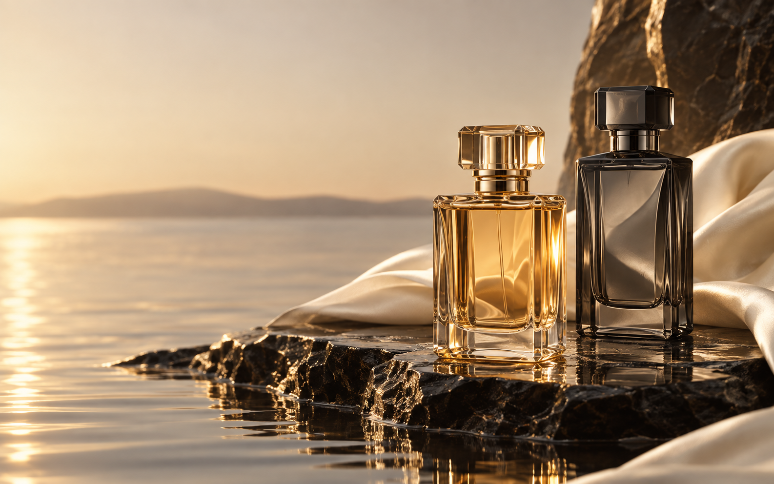 ScentDevine fragrance bottles beside reflective water